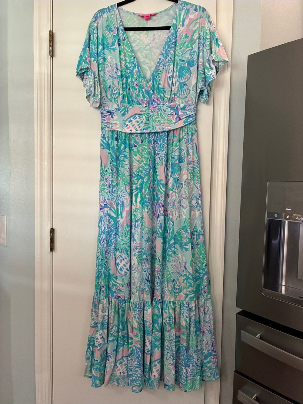 Lilly Pulitzer Teal & Pink Floral V-Neck Maxi Dress